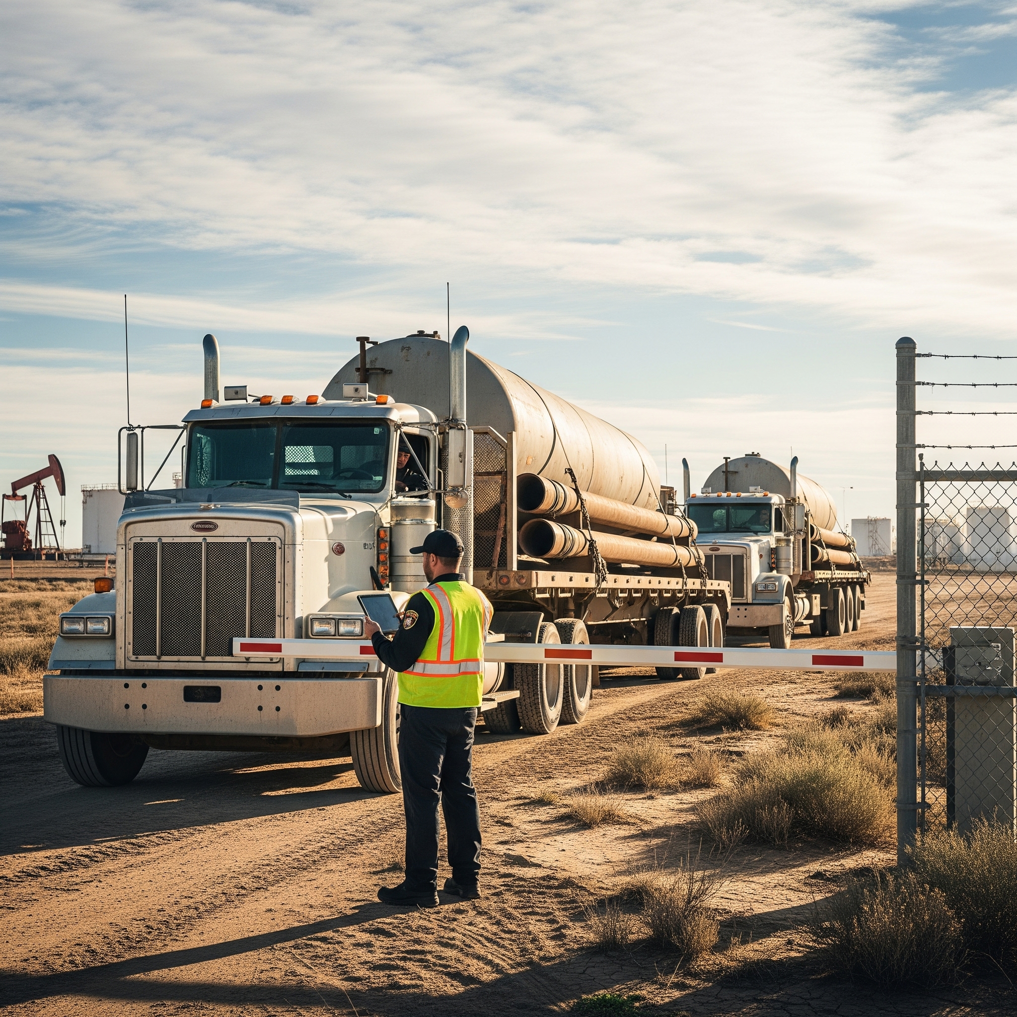 Single Guard Checking out trucks Gate checking in trucks at a remote location.