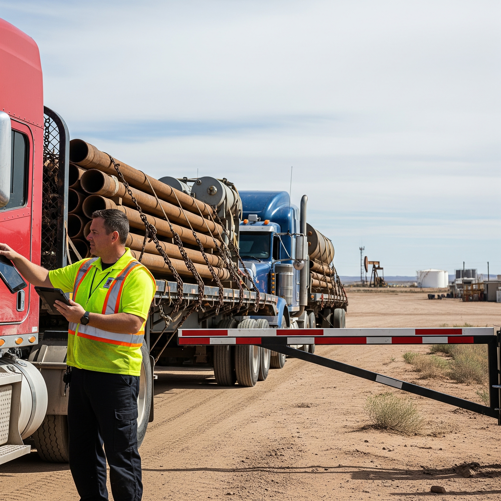 Guard Checking in SemiTruck at gate for secure facility.
